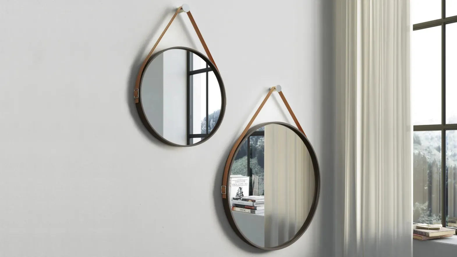 Round Astra mirror with lacquered MDF frame and leather strap by Doimo Salotti.