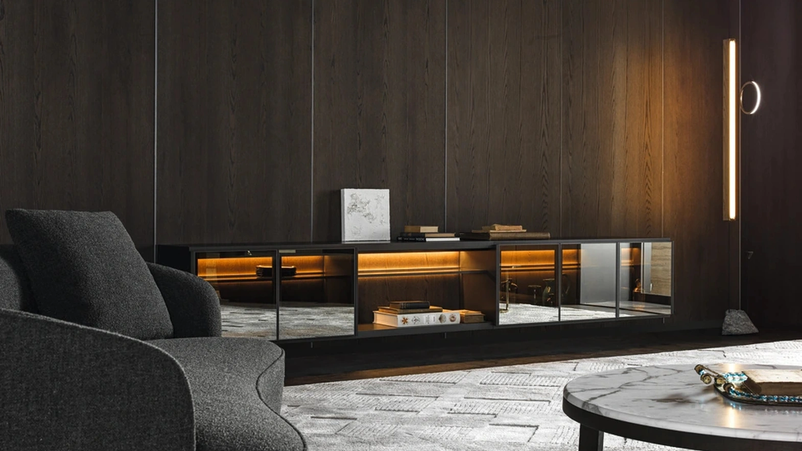 Logos Set 03 suspended bookshelf in wood with mirrored glass by Molteni & C