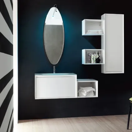 Glossy white lacquered suspended bathroom furniture with white crystal top E-45 05 Arcom