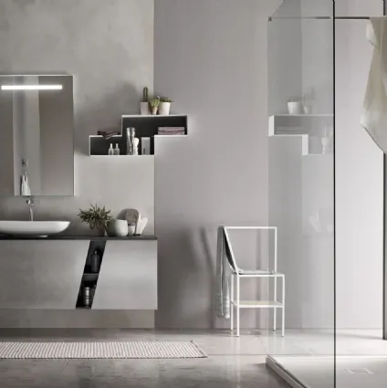 Platino lacquered suspended bathroom cabinet with Fumo E-Ly 80 crystal top by Arcom