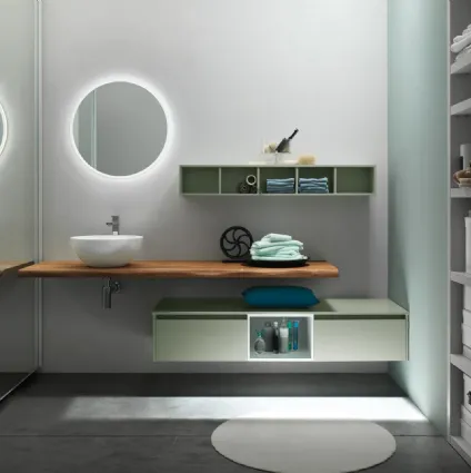 Salvia and matt white lacquered suspended bathroom cabinet with Escape 31 light Corteccia top by Arcom