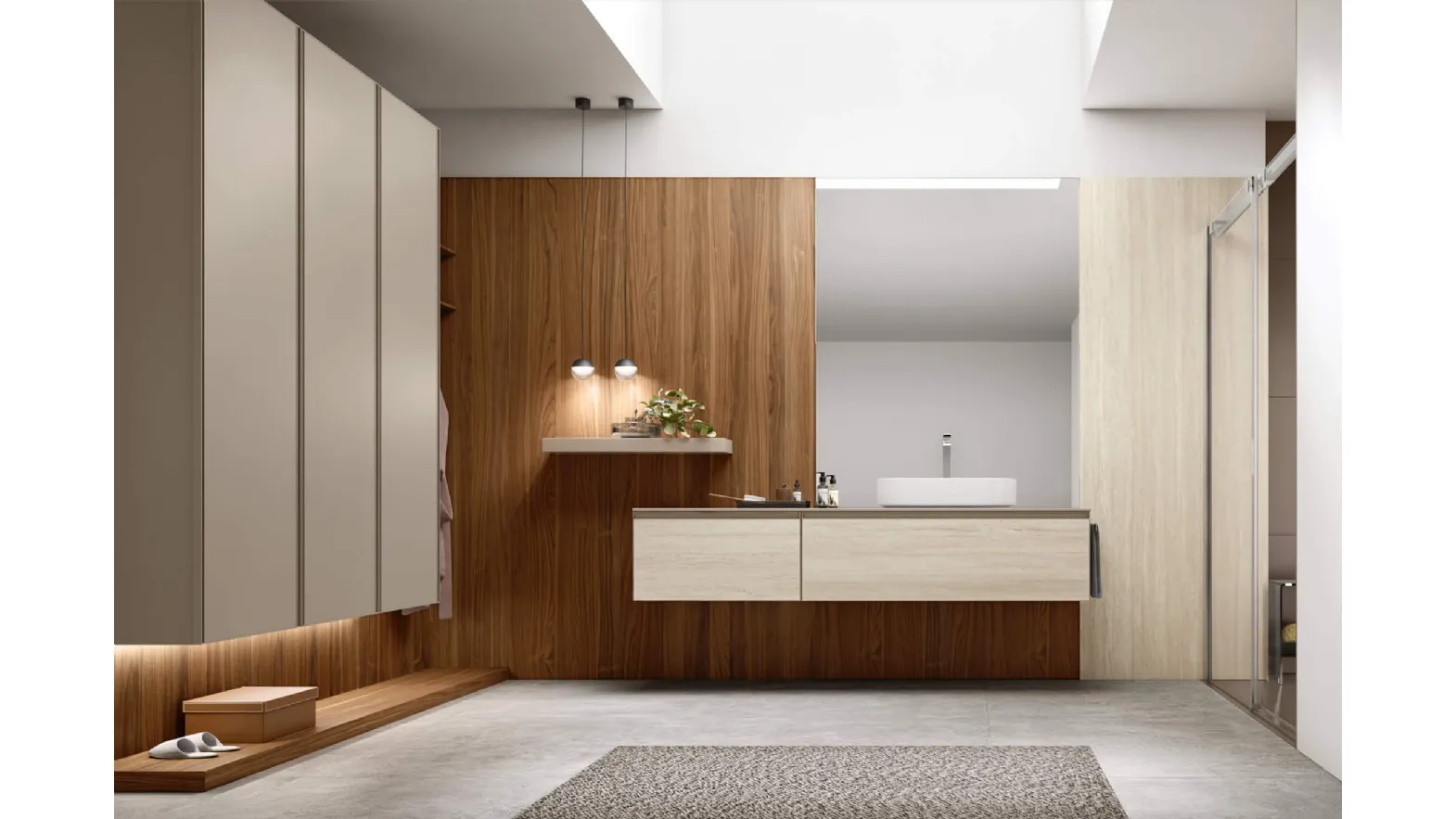 Suspended Bathroom Vanity Shape 18 in travertine laminate by Arcom