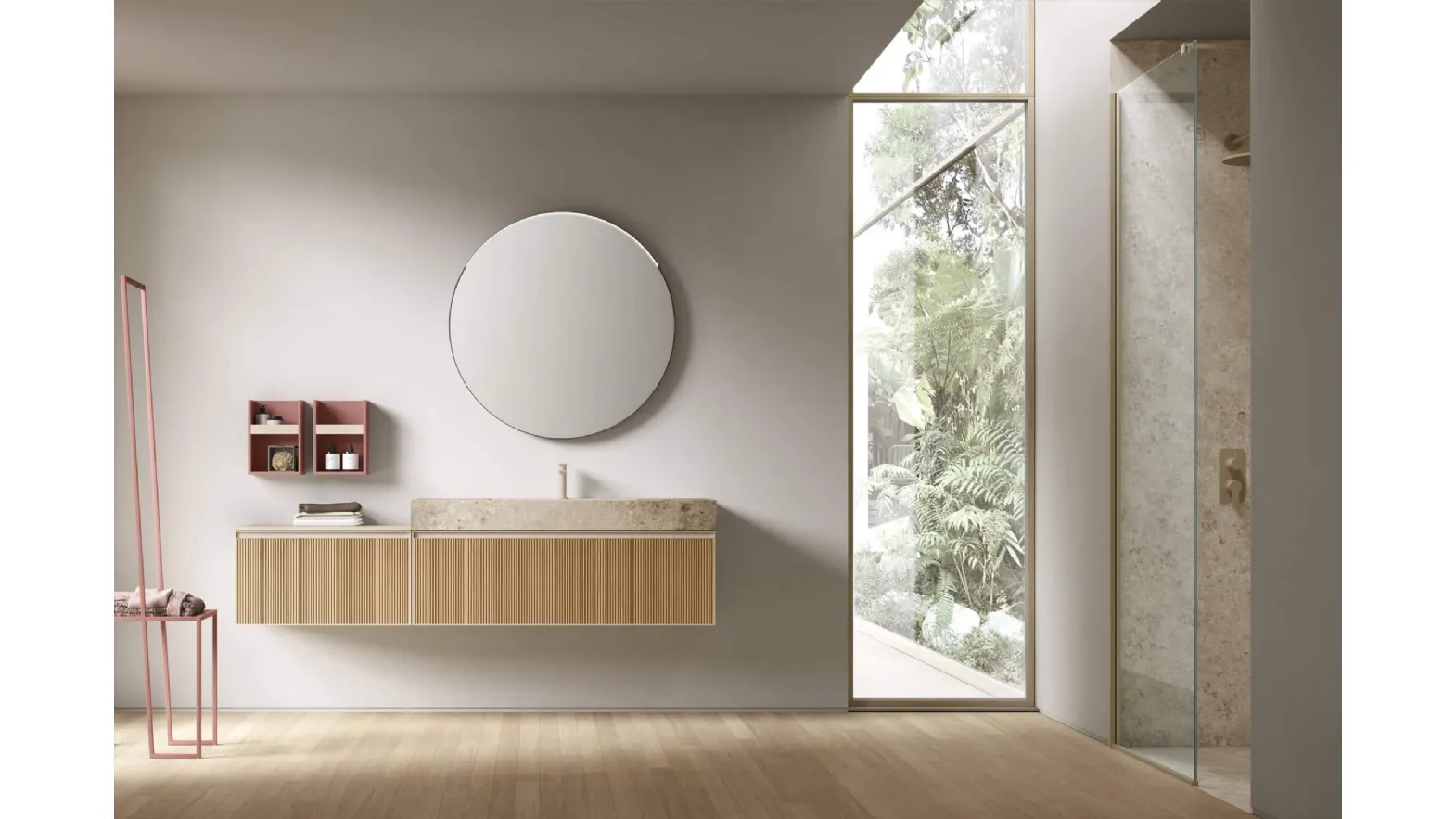 Suspended Bathroom Cabinet Shape 21 in oak by Arcom.