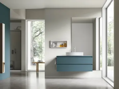 Wall-mounted bathroom unit Shape 29 in oak lacquered with ottanio finish by Arcom.