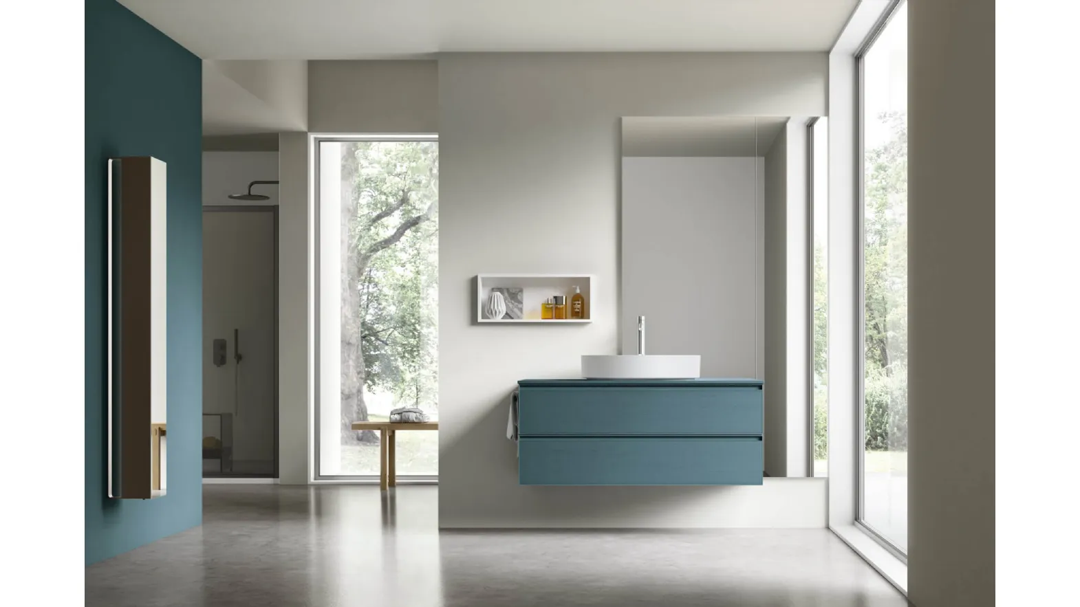 Wall-mounted bathroom unit Shape 29 in oak lacquered with ottanio finish by Arcom.