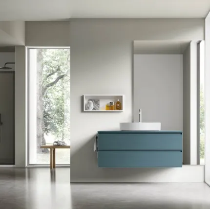 Wall-mounted bathroom unit Shape 29 in oak lacquered with ottanio finish by Arcom.