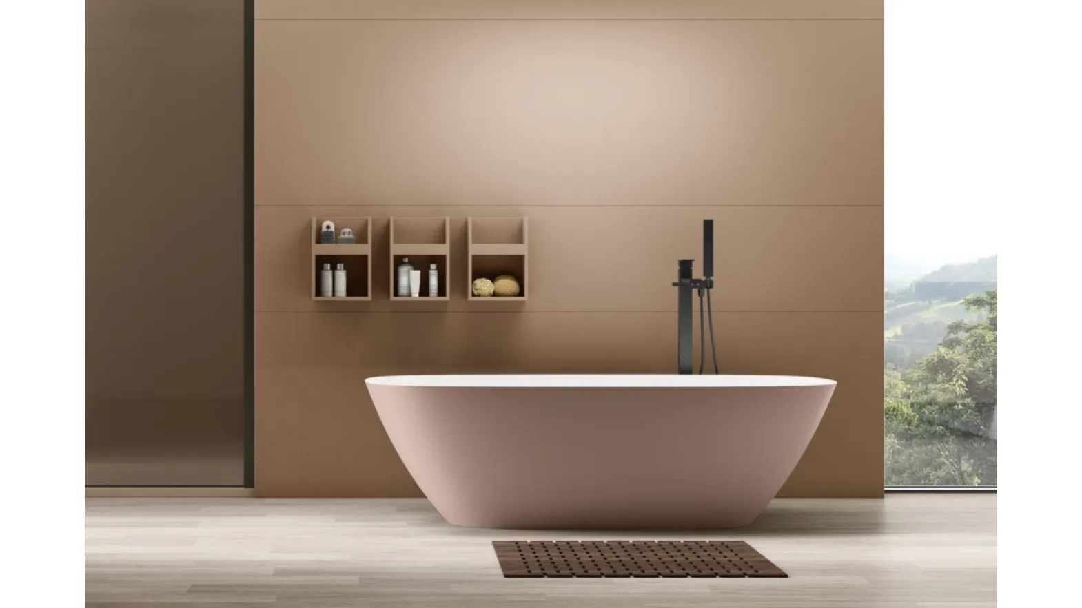 Freestanding bathtub in the shape of Arcom.