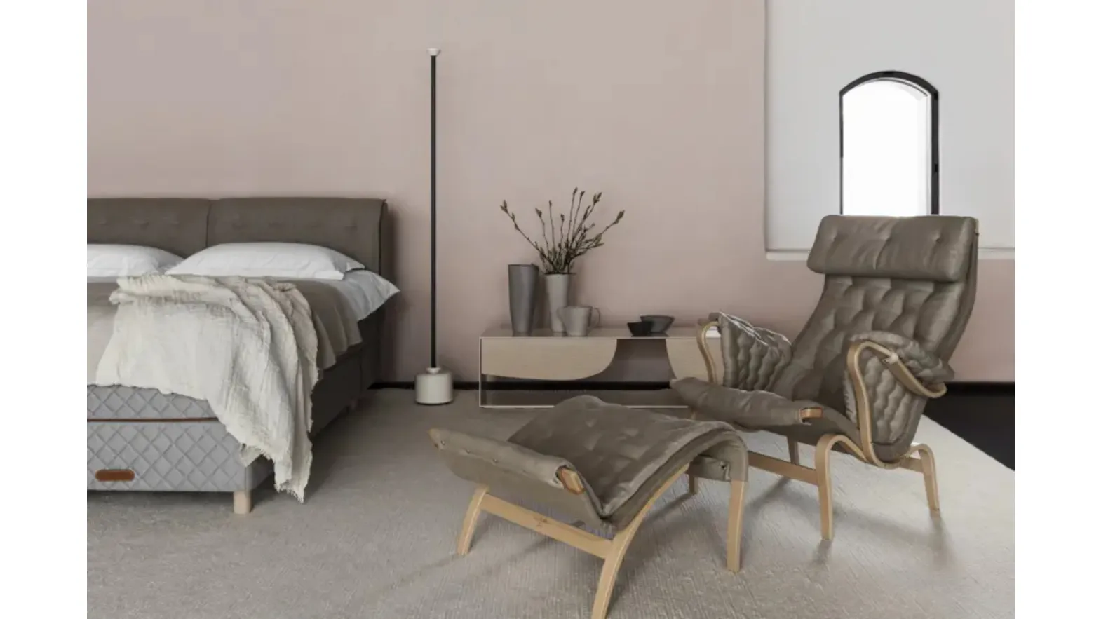 Bed with quilted fabric headboard by Duxiana
