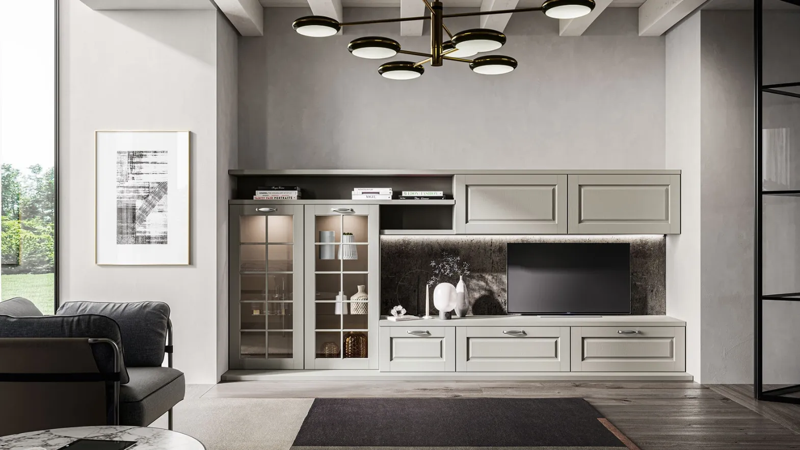 Living Asolo fitted wall unit made of solid ash by Arredo3