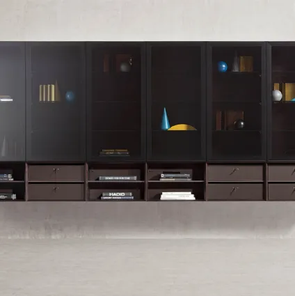 People storage wall open modules in Burgundy, with Espresso lacquer, Cuoio Moro storage units, Piombo transparent glass doors with burnished frame by Pianca