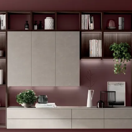 Living Mood bookcase Fluida system in Larch Nuance decorative by Scavolini