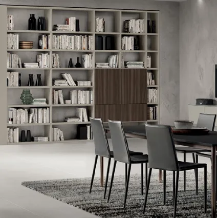 Living Mood bookcase Fluida system with doors in Steady Walnut by Scavolini