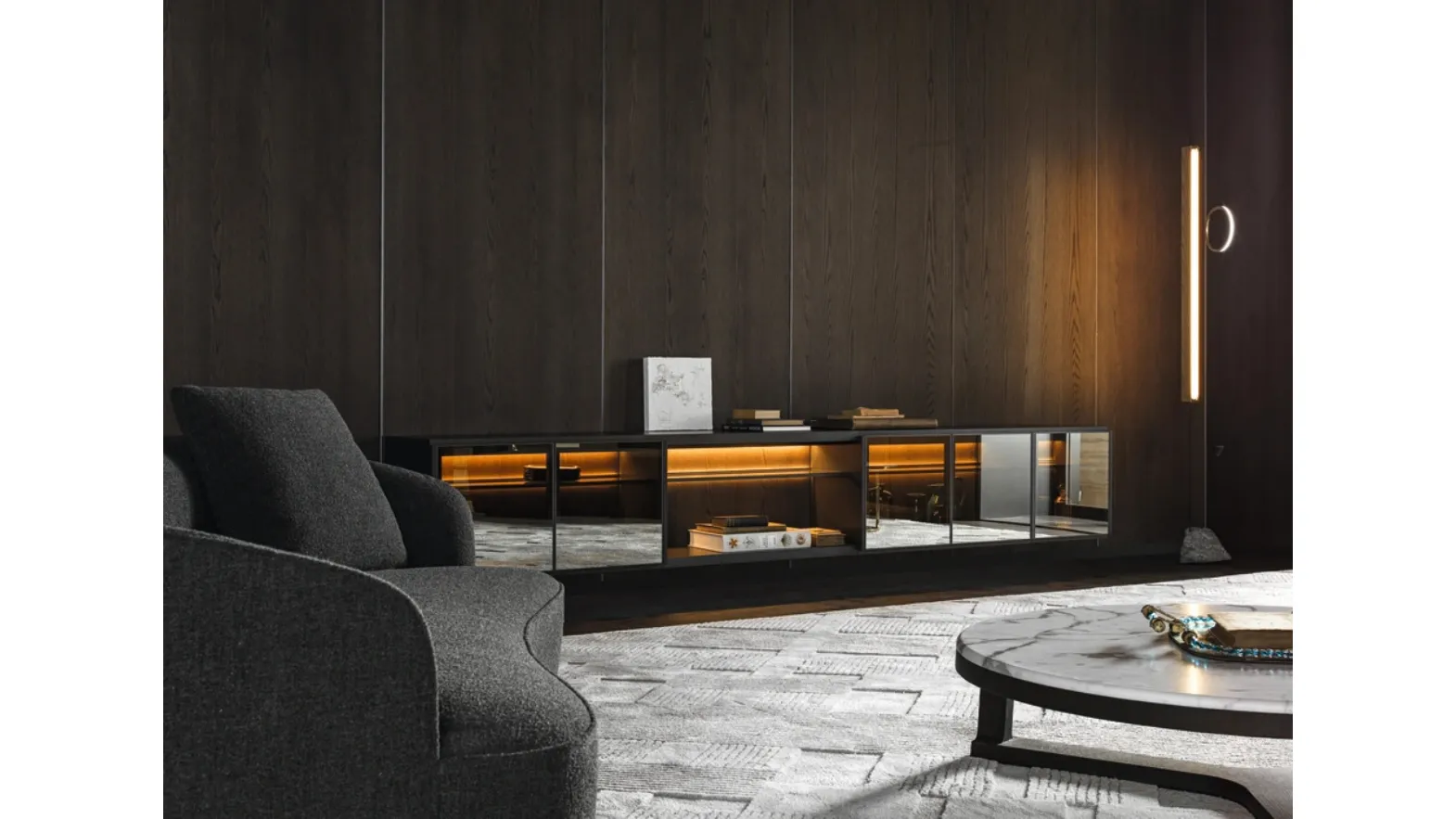 Logos Set 03 suspended bookshelf in wood with mirrored glass by Molteni & C
