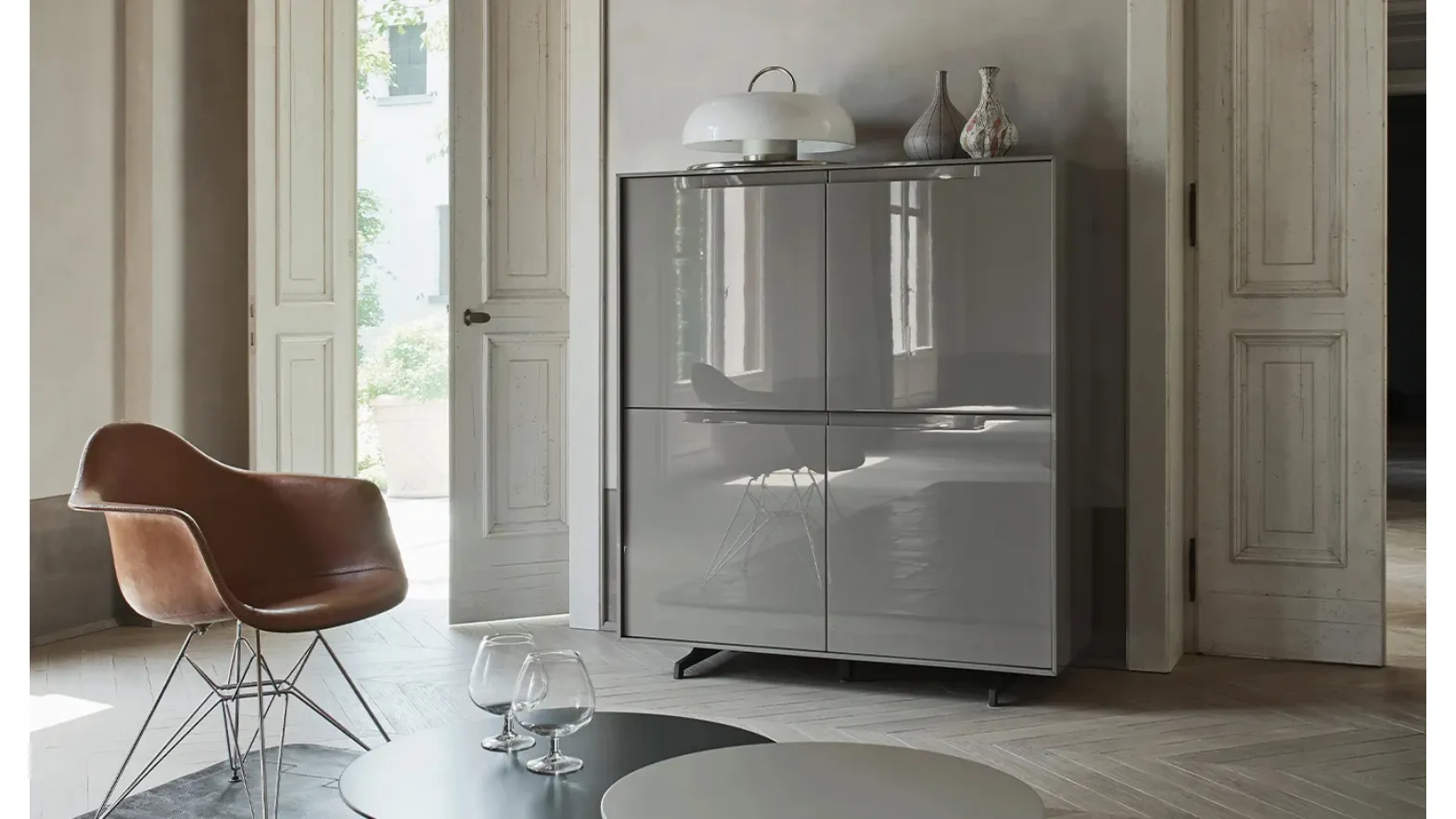 Sideboard Vela 03 in glossy Slate lacquered finish by Sangiacomo
