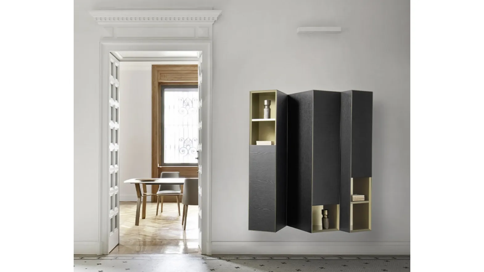 Suspended mobile Domino Clino in Oak by Sangiacomo.