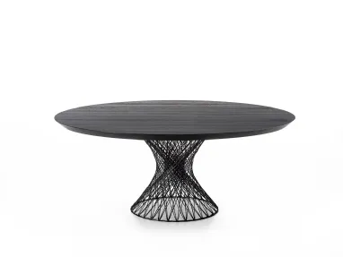 Round Web table with solid wood top supported by a woven carbon fiber base by Riva1920.