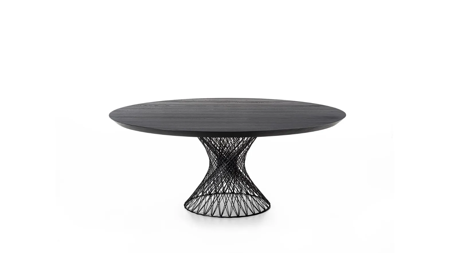 Round Web table with solid wood top supported by a woven carbon fiber base by Riva1920.