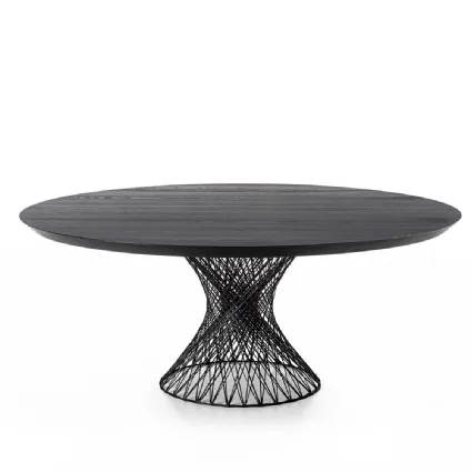 Round Web table with solid wood top supported by a woven carbon fiber base by Riva1920.
