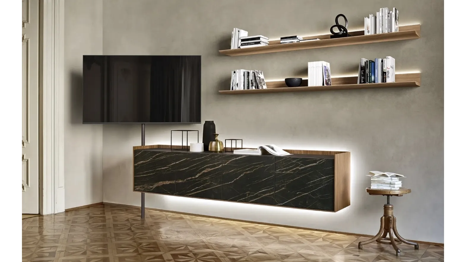 Mobile TV stand made of ceramic and wood by Sangiacomo.
