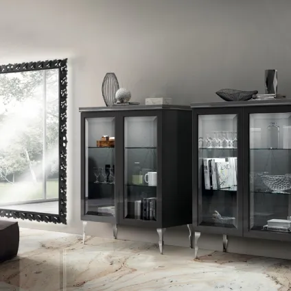 Living Exclusiva sideboard in Grigio Ferro glossy lacquered finish with glass doors by Scavolini
