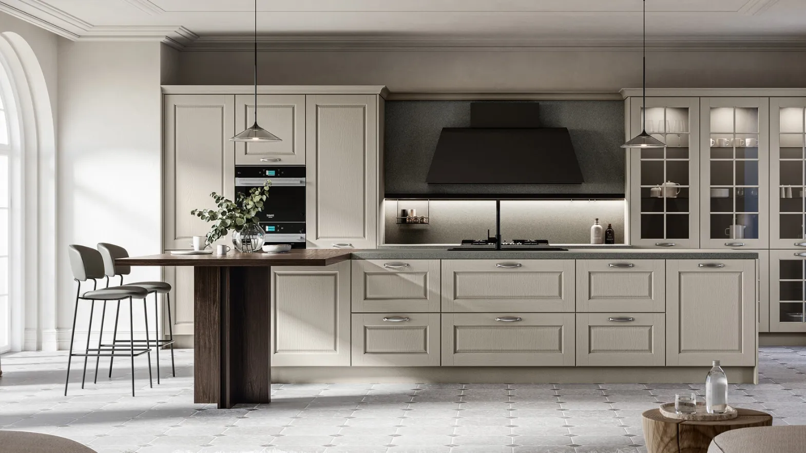Classic kitchen with Asolo 03 island in lacquered and laminated finish by Arredo3.