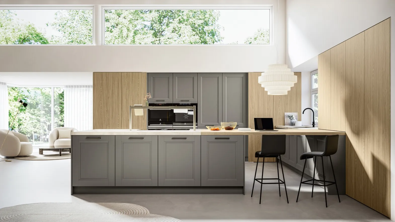 Classic kitchen with Joyful 01 peninsula in lacquered and laminated Arredo3