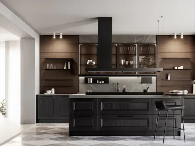 Classic kitchen with Gioiosa 02 island in black lacquer and walnut by Arredo3.