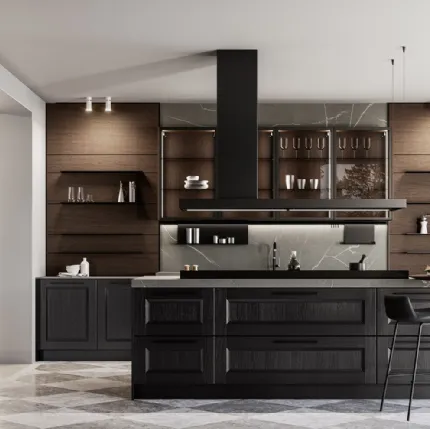 Classic kitchen with Gioiosa 02 island in black lacquer and walnut by Arredo3.