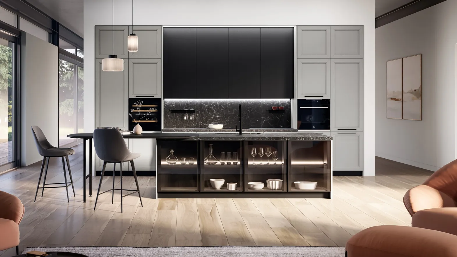 Classic Kitchen in Open-Pore Lacquered Finish with Opera Island by Arredo3