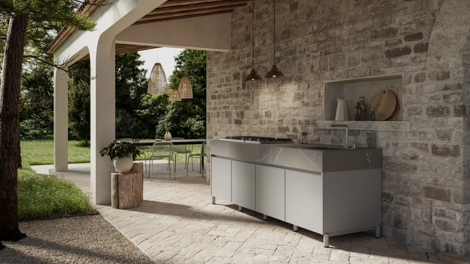Modern outdoor kitchen Aura 03 in aluminum and marble by Arredo3