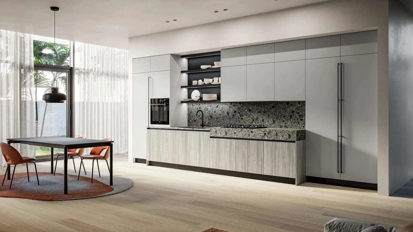 Modern linear kitchen Cloe 03 in laminate and lacquer by Arredo3.