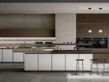 Modern Kitchen with Kronos 02 island in white pet and walnut laminate by Arredo3
