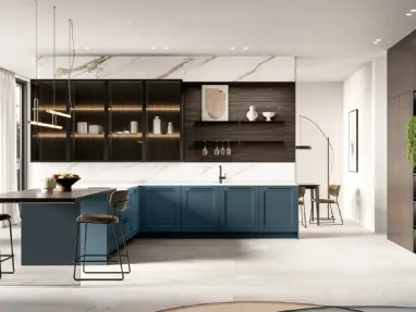 Modern kitchen with Meg 01 peninsula in lacquered and laminated finish by Arredo3.