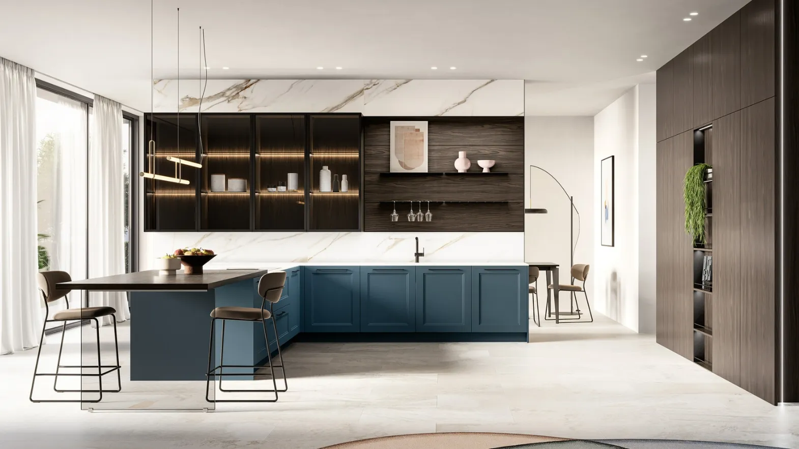 Modern kitchen with Meg 01 peninsula in lacquered and laminated finish by Arredo3.