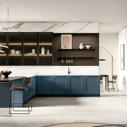 Modern kitchen with Meg 01 peninsula in lacquered and laminated finish by Arredo3.