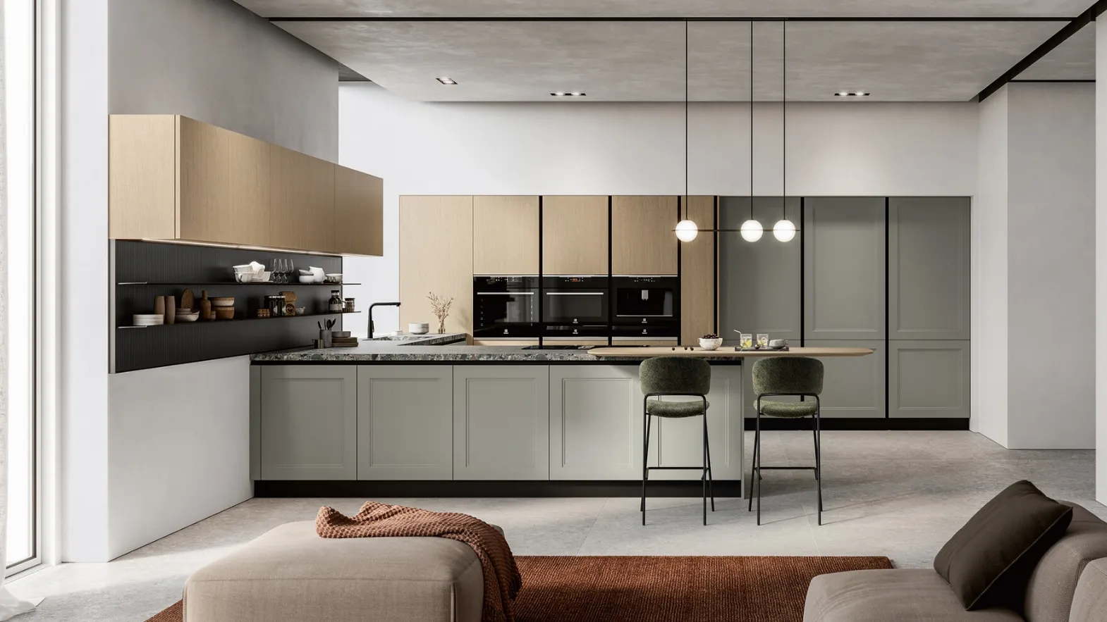 Modern kitchen with peninsula Meg 02 in lacquered and wood by Arredo3
