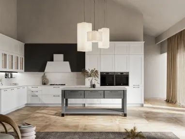 Modern angular kitchen Meg 03 in white polymer and fossil lacquer by Arredo3.