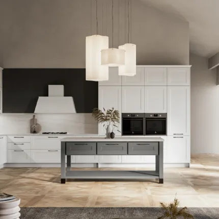 Modern angular kitchen Meg 03 in white polymer and fossil lacquer by Arredo3.