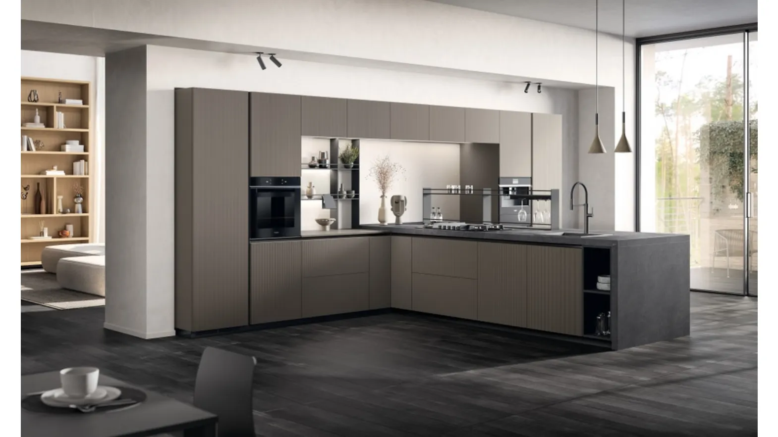 Modern Mira kitchen in Strips Urban Steel laminate by Scavolini