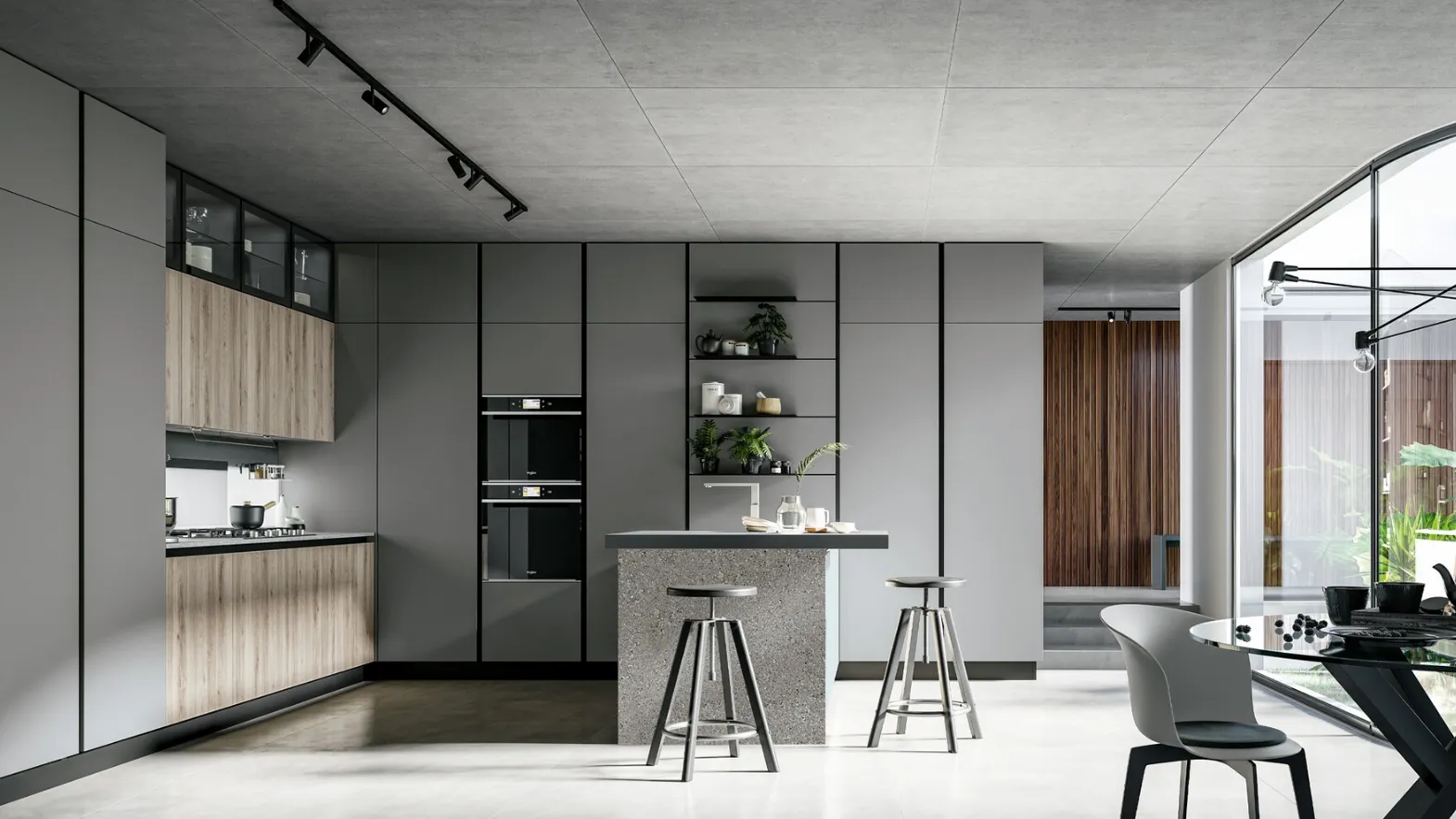 Modern kitchen with Round 04 peninsula in laminate and PET by Arredo3.