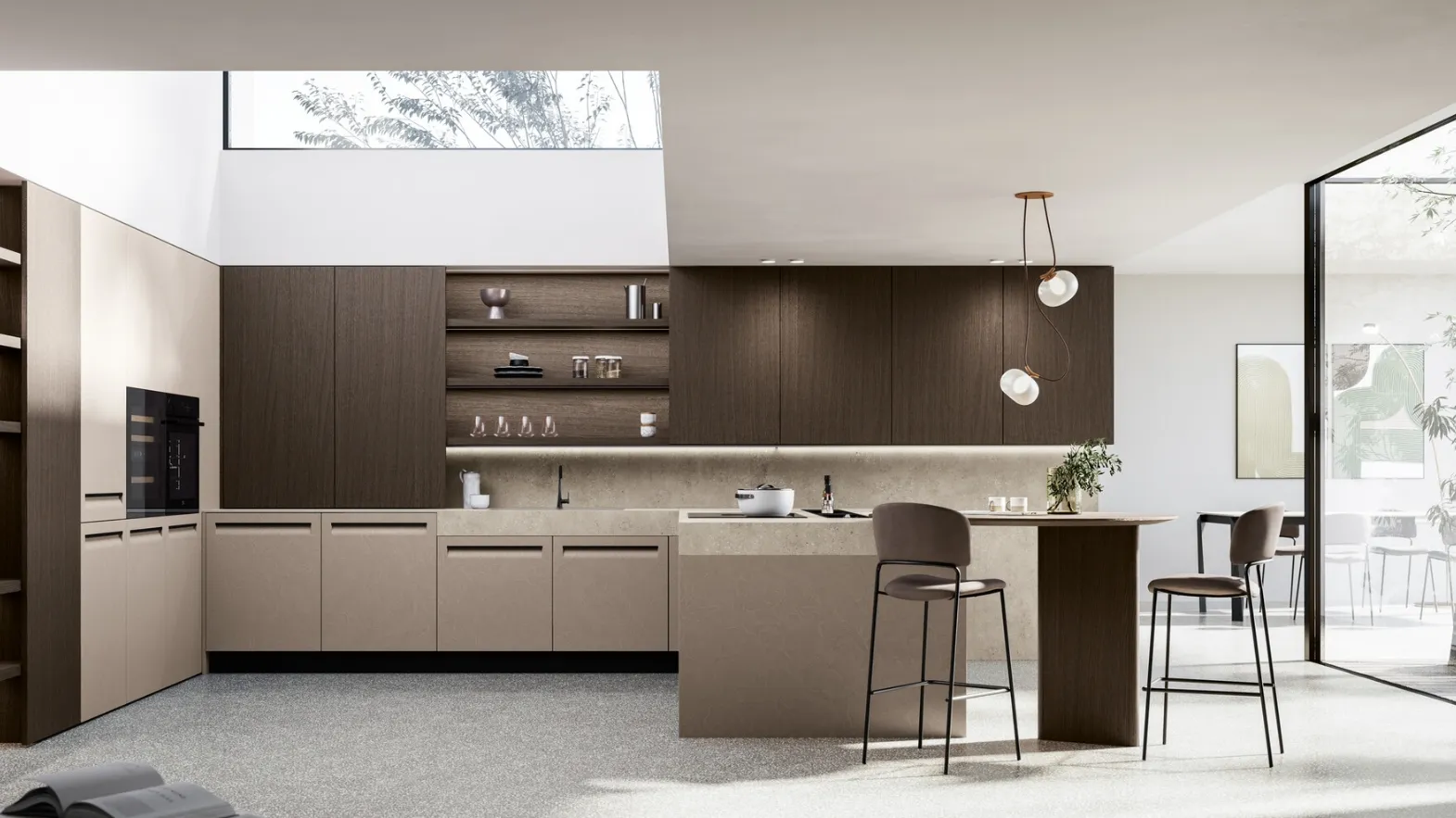 Modern kitchen with Tekna 02 peninsula in pet and walnut by Arredo3