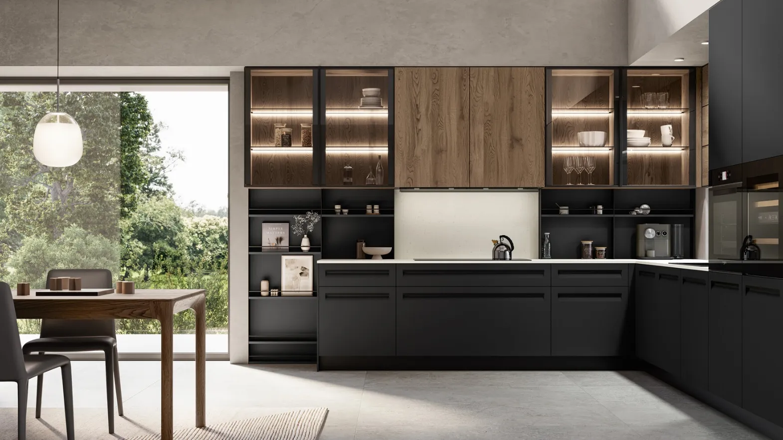 Modern Corner Kitchen in PET and Oak Veneer Tekna by Arredo3