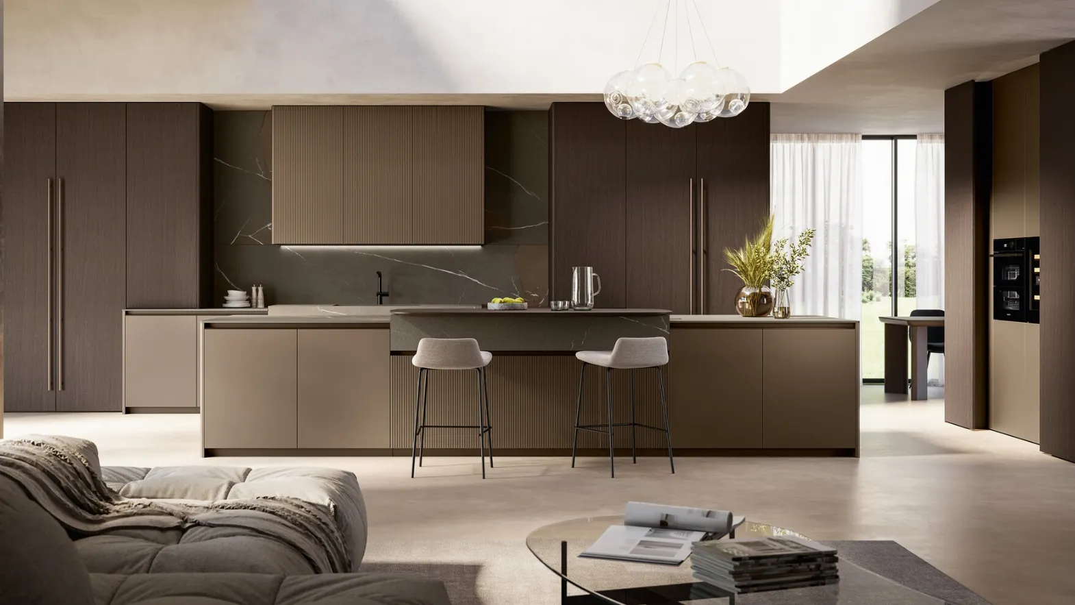 Modern kitchen with Time 01 island in lacquered and walnut by Arredo3.