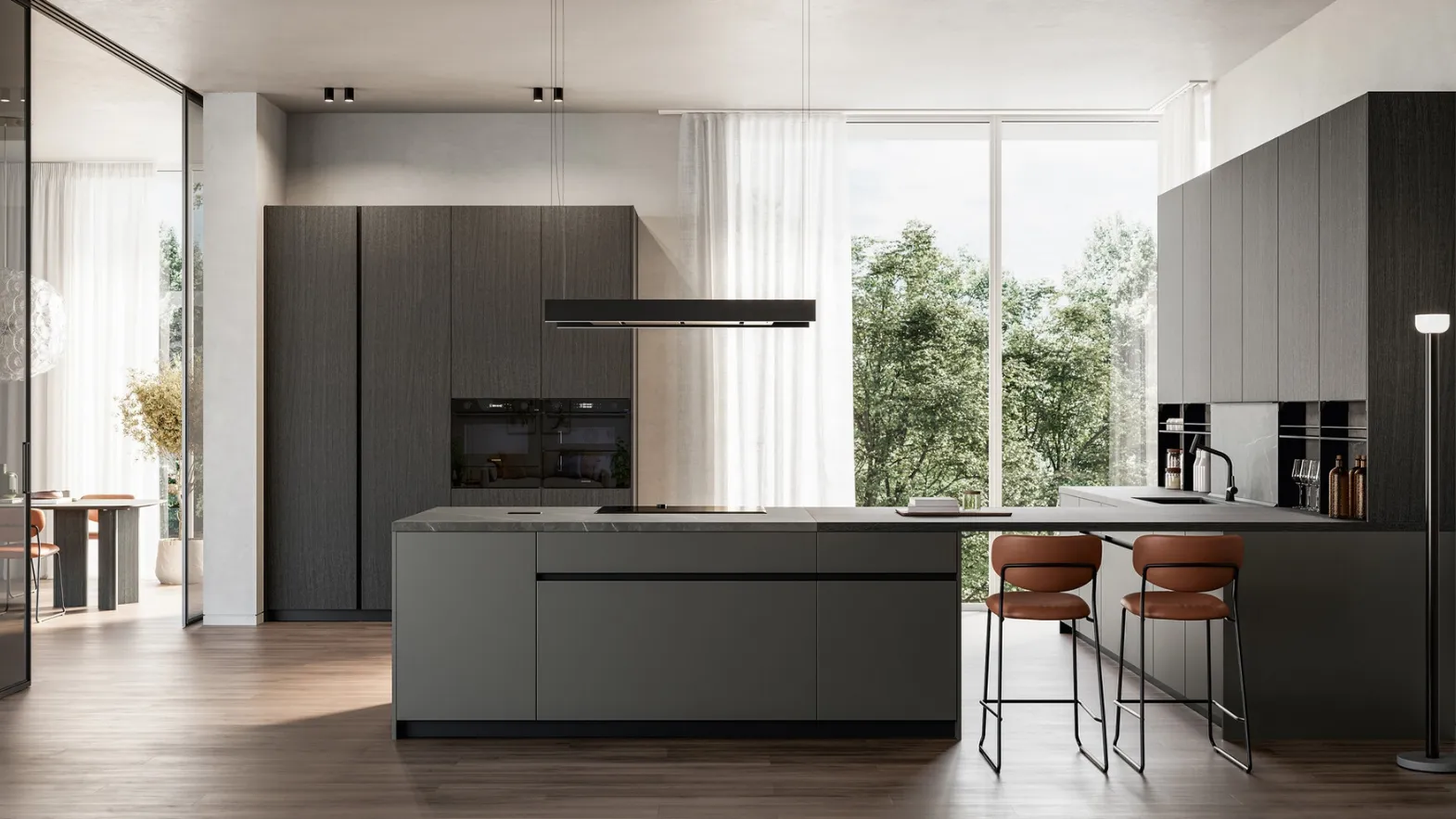 Modern kitchen with Time 02 peninsula in metallic lacquer and wood by Arredo3.
