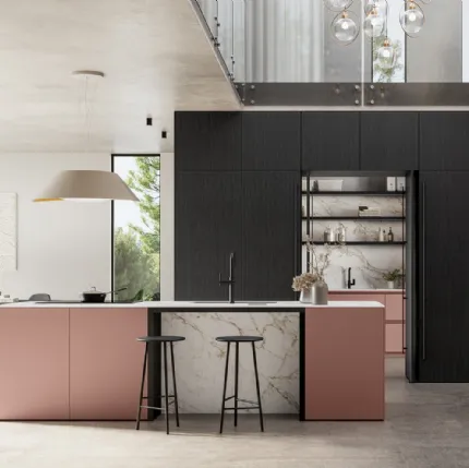 Modern kitchen with Time 06 island in matte lacquer and Arredo3 wood.