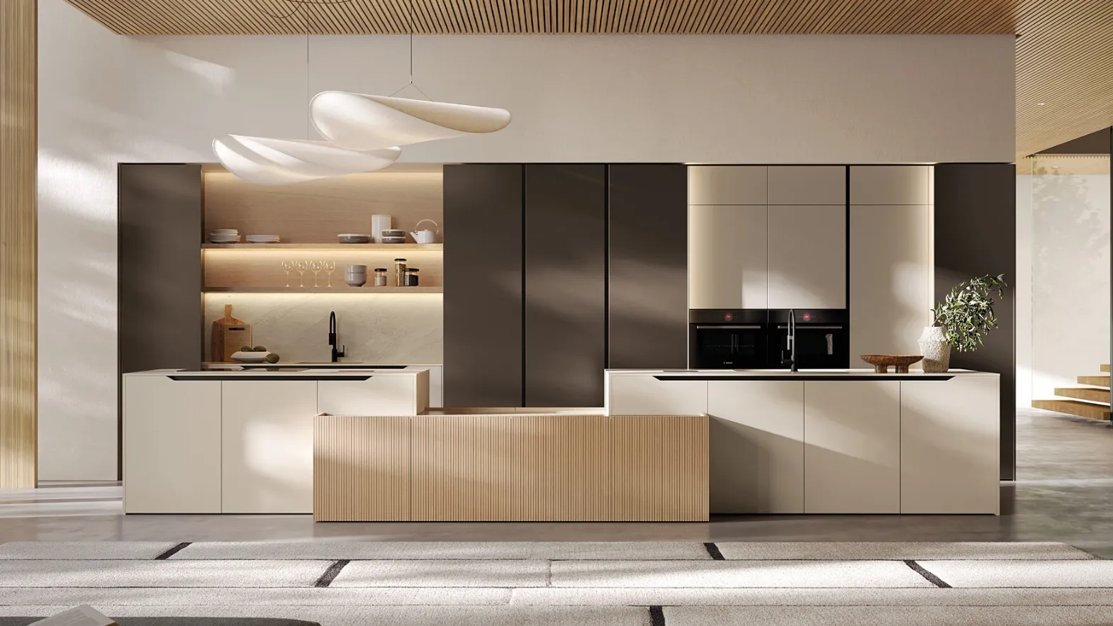 Modern Kitchen in Lacquered and Veneered Finish with Arredo3's Time Island