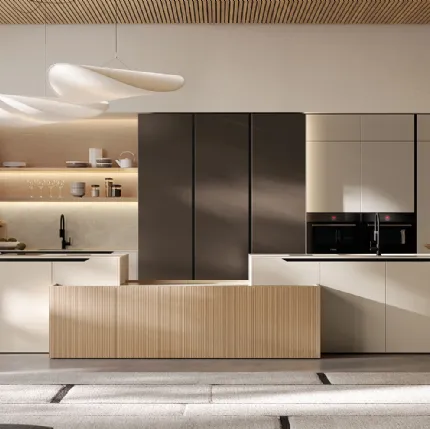 Modern Kitchen in Lacquered and Veneered Finish with Arredo3's Time Island