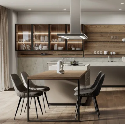 Modern kitchen with Wega 02 island in metallic lacquer and oak by Arredo3.