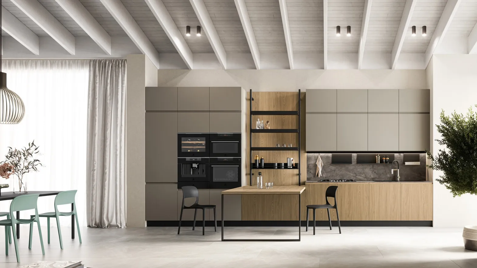 Modern linear kitchen in oak laminate and Wega lacquered by Arredo3